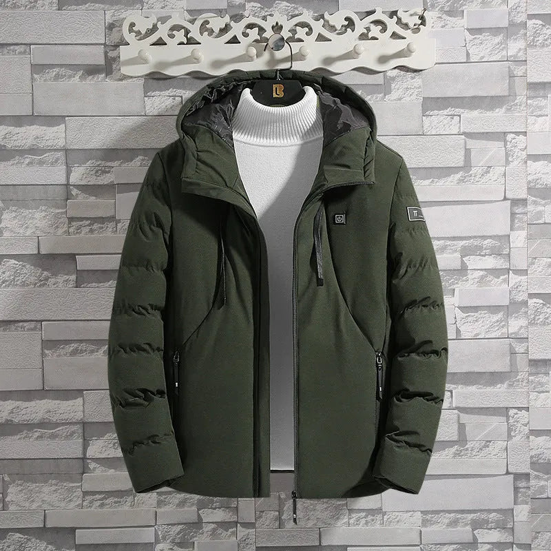 11-zone USB carbon fibre heating jacket in military green with dual-control panel, cotton leisure style, front view