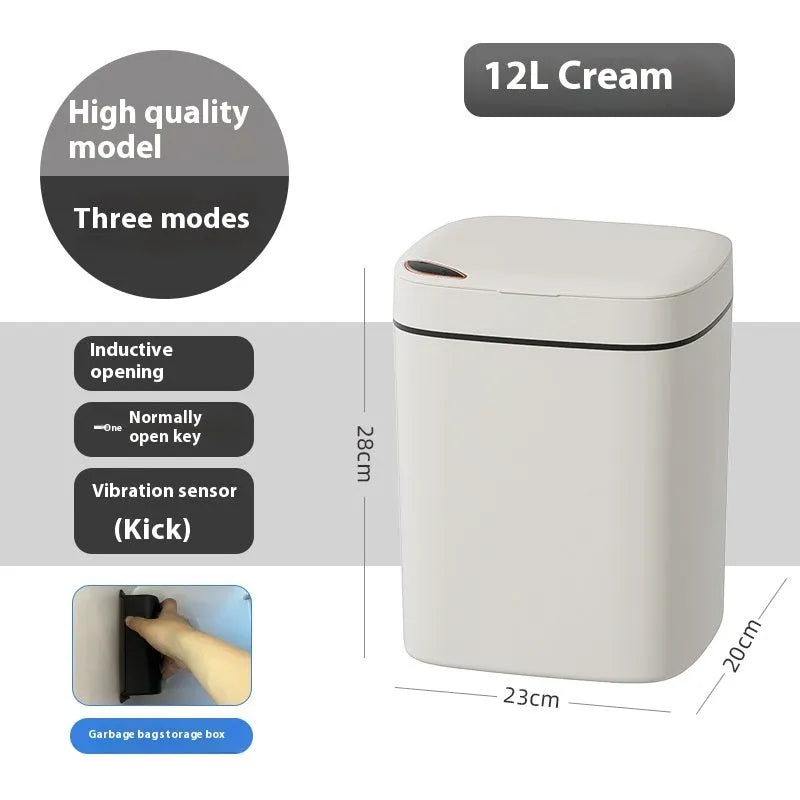 Square automatic sensor kitchen bin with open lid in milky white colour