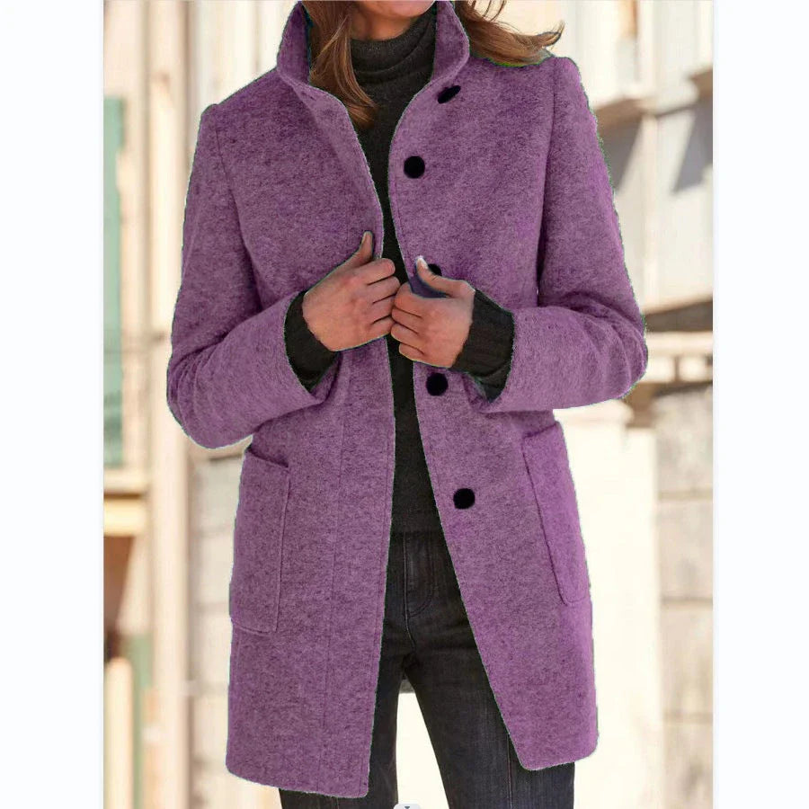 Fashionable wool coat with stand collar, pockets, and a variety of color options for casual fall and winter wear