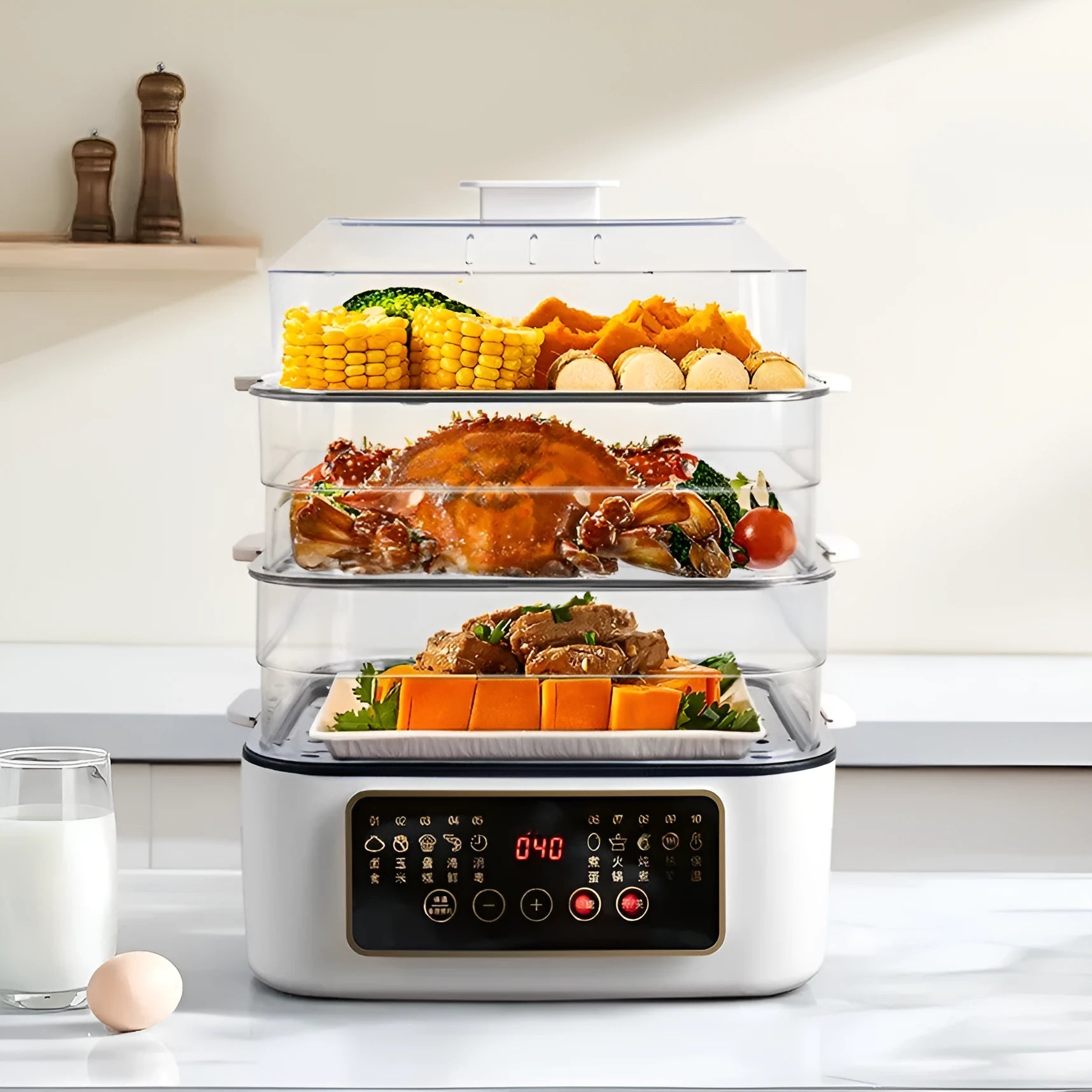 Stainless steel electric food steamer with digital display and steaming rack on a kitchen counter.