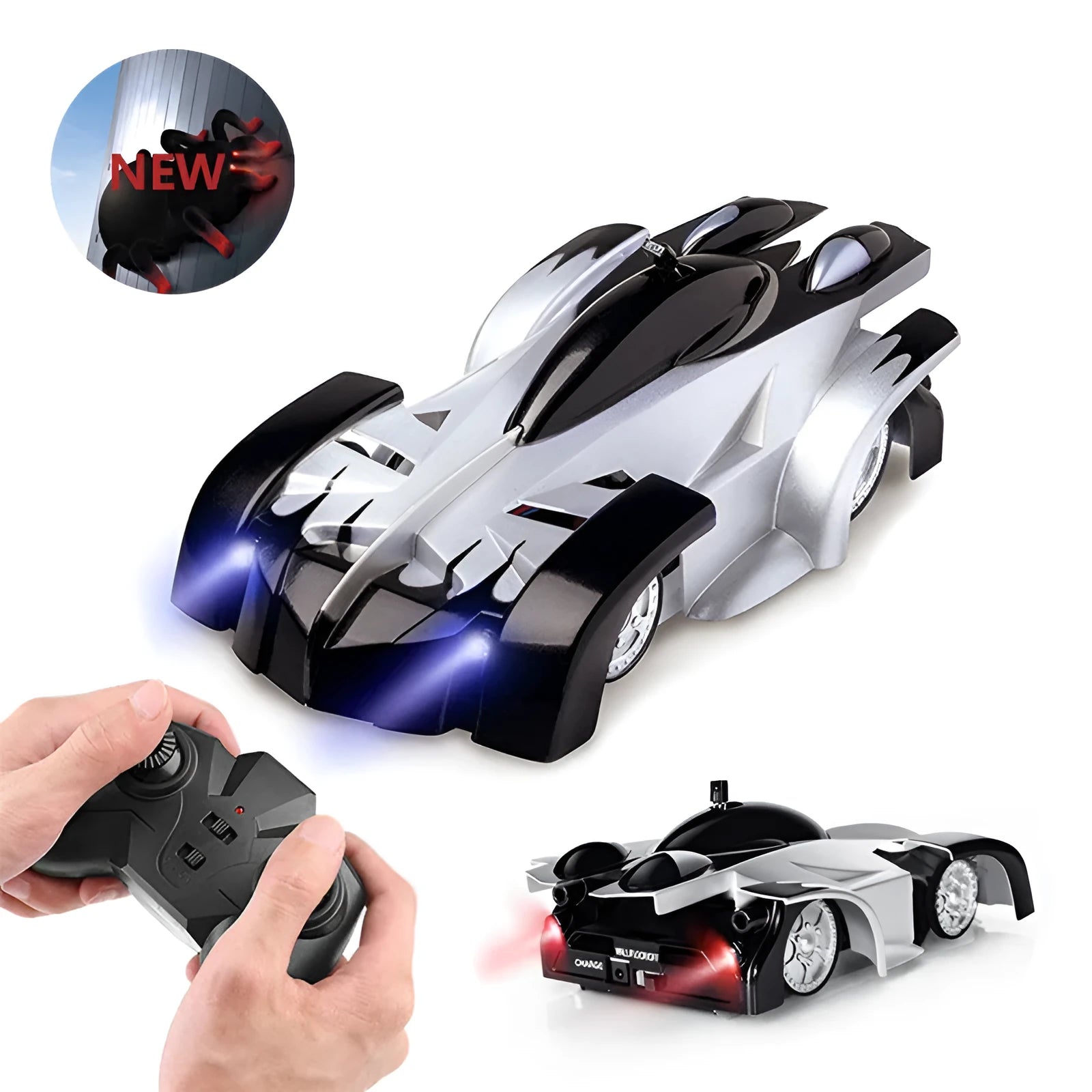Black, blue, and red dual-mode wall climbing remote control car toy with LED lights on a vertical surface.