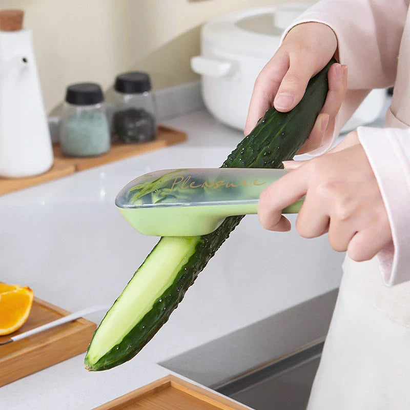 Versatile peeling and scraping tool with stainless steel blade, non-slip handle, and storage tube for convenient kitchen organization