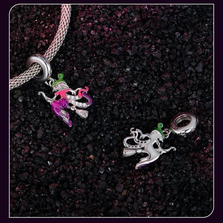 925 silver Halloween broom pendant with fluorescent finish, pumpkin and skull design, 25x13mm with 4.5mm hole