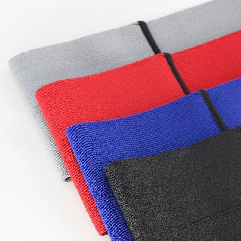 Elastic elbow support bandage for boxing and exercise shown in red, available in sizes S, M, L.