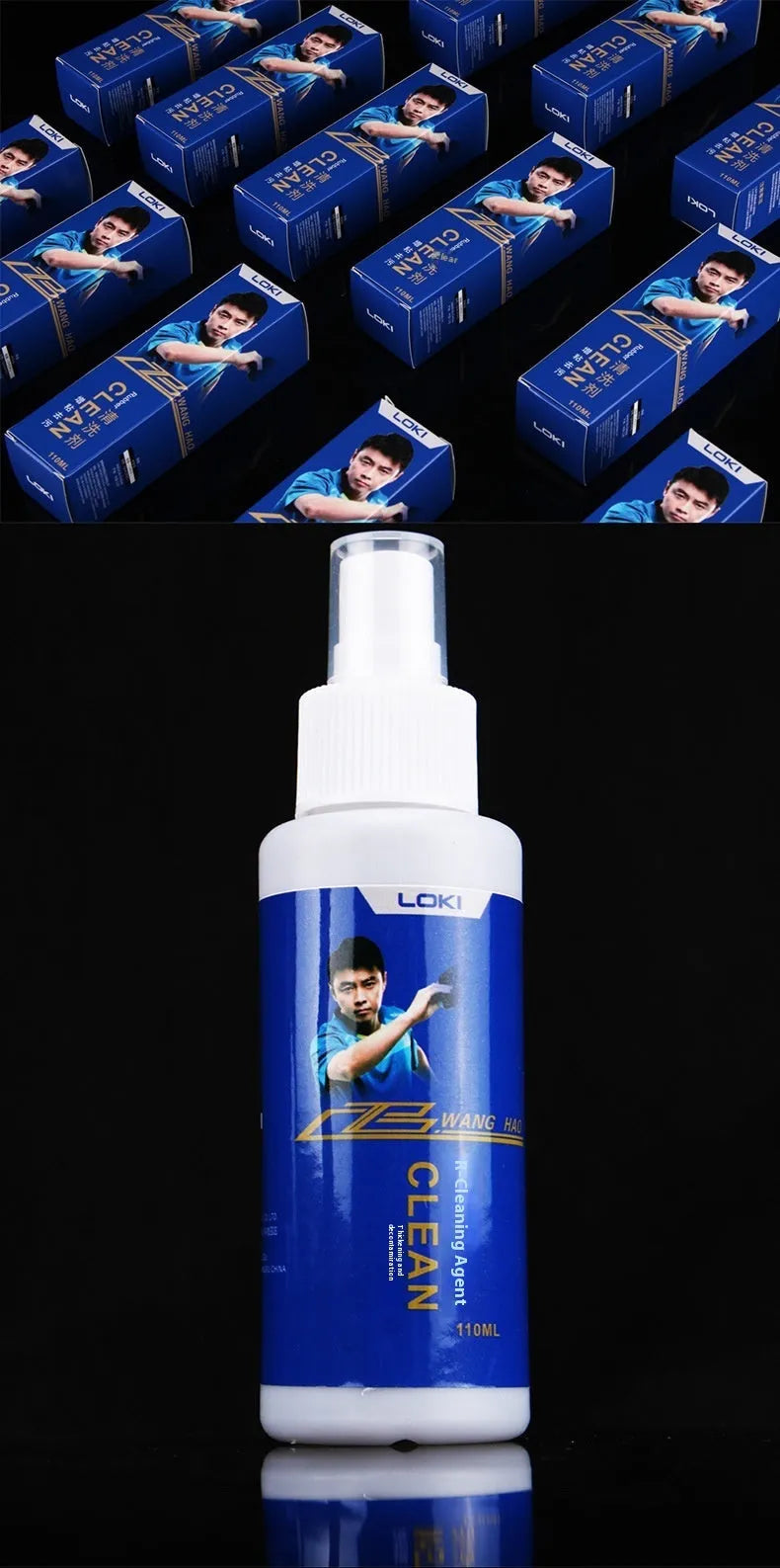 110ml bottle of table tennis rubber cleaning liquid with a sponge applicator for racket maintenance