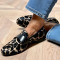 Women's apricot giraffe pattern suede flat loafers with rubber sole, low heel, and round toe
