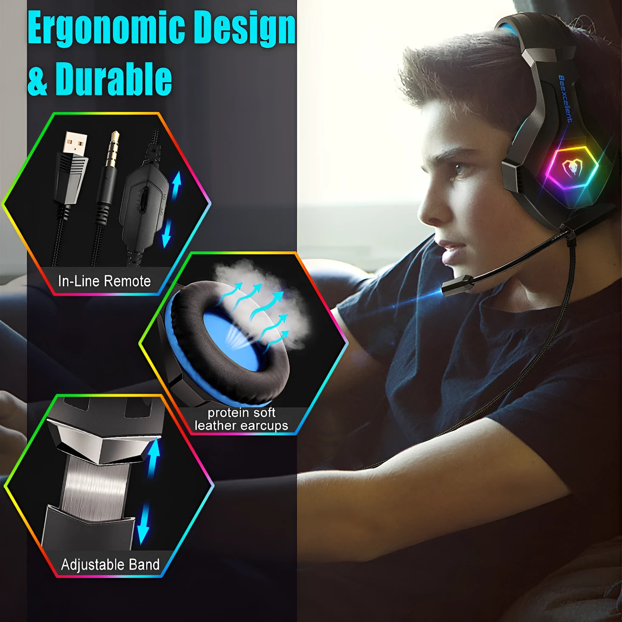 Gaming headset with microphone, LED lighting, available in black with blue, red or white colour options