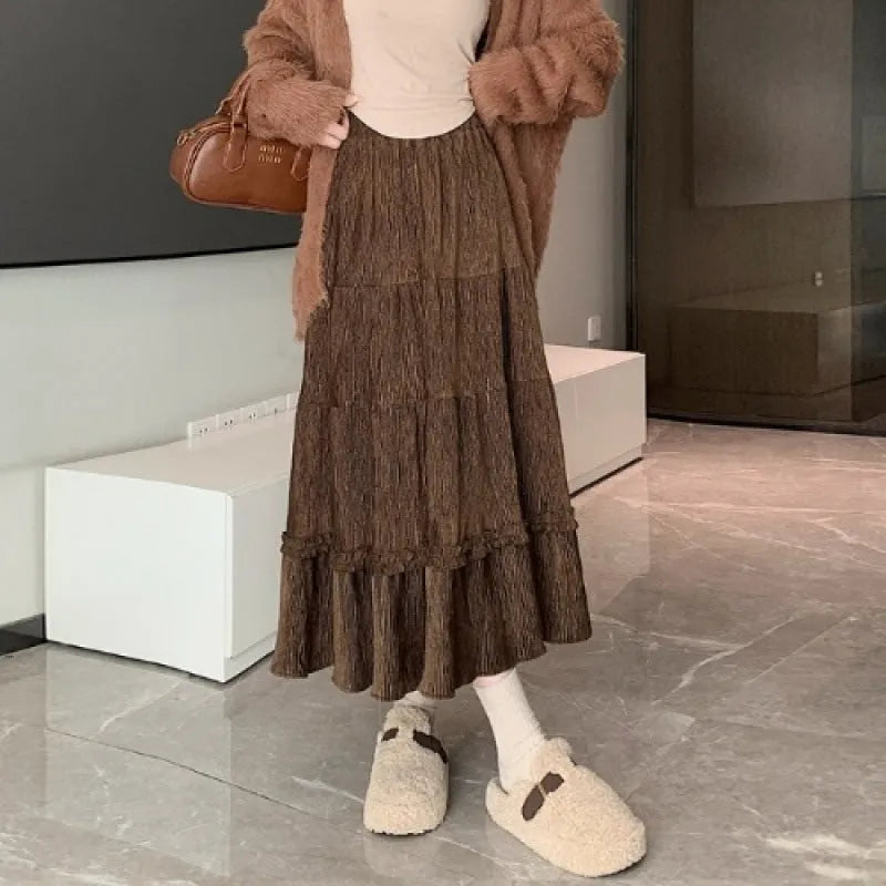 Korean style corduroy A-line midi skirt with elastic waistband in solid colour options