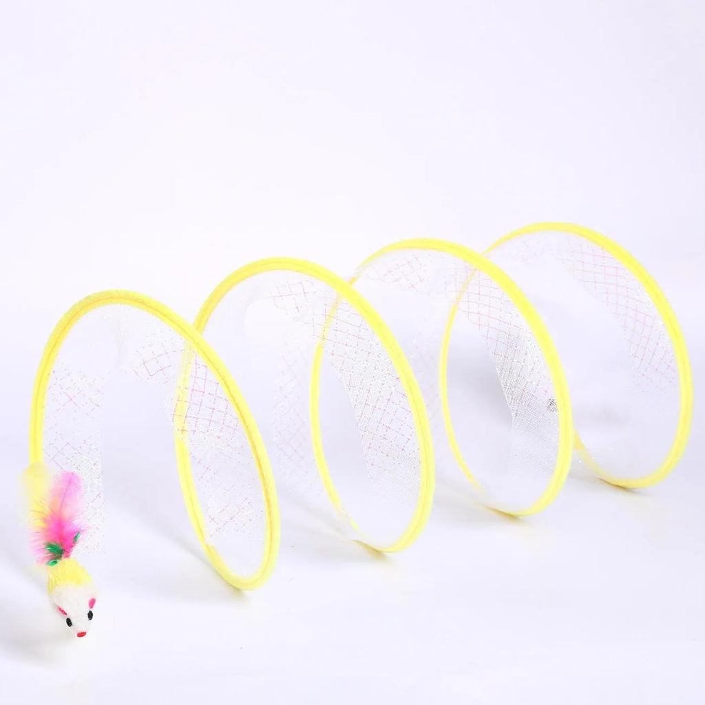 S-type cat tunnel toy with steel wire frame, elastic net walls and attached feather teaser element