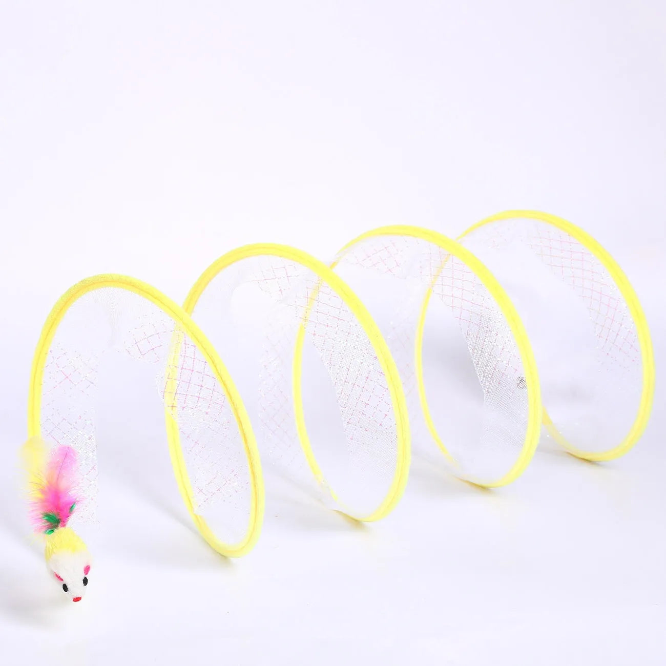 S-type cat tunnel toy with steel wire frame, elastic net walls and attached feather teaser element