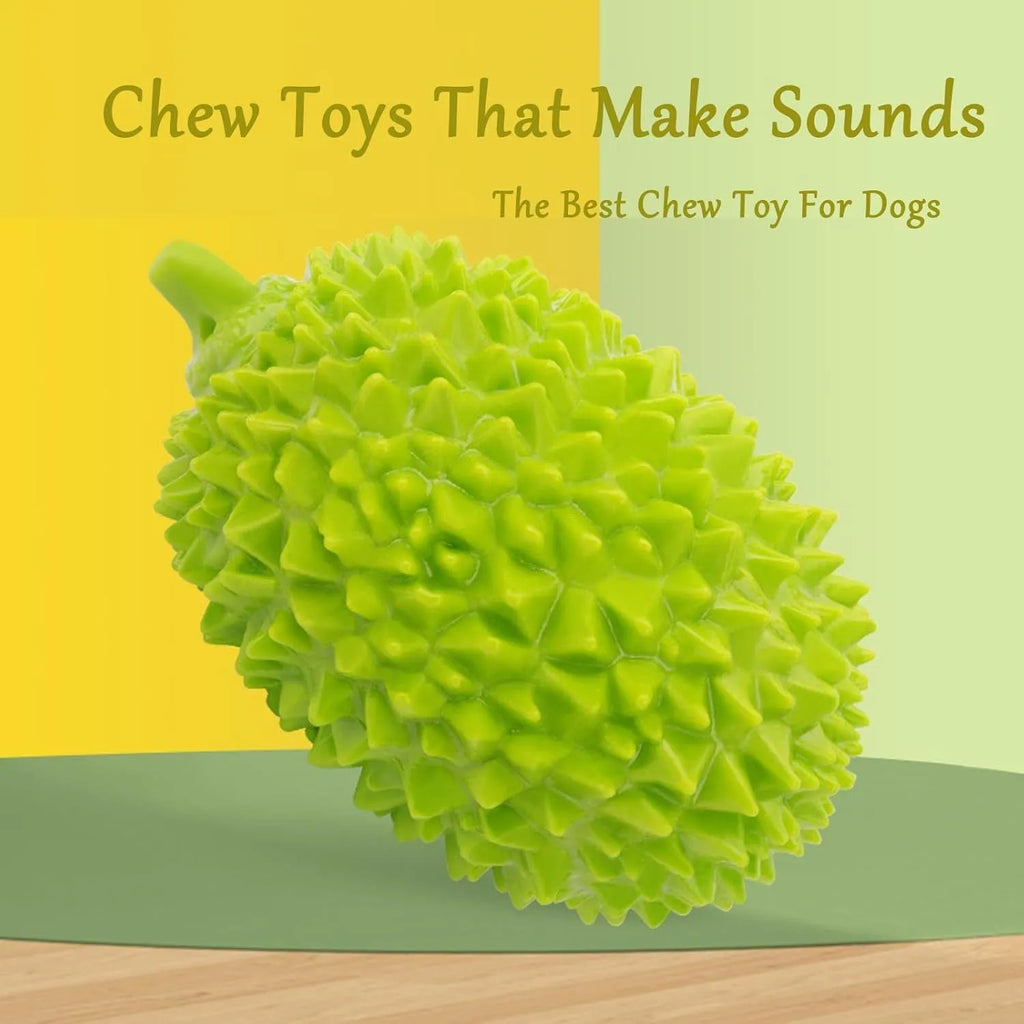 Durian-shaped dog chew toy in bright colours with teeth-cleaning ridges and squeaker ball
