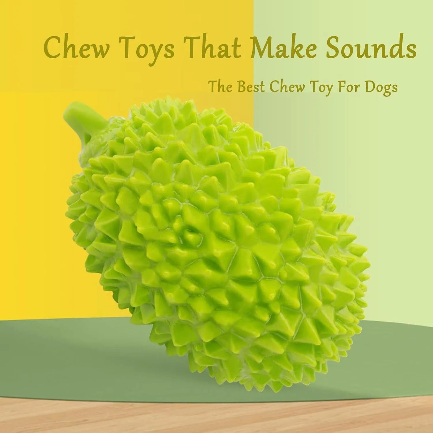 Durian-shaped dog chew toy in bright colours with teeth-cleaning ridges and squeaker ball