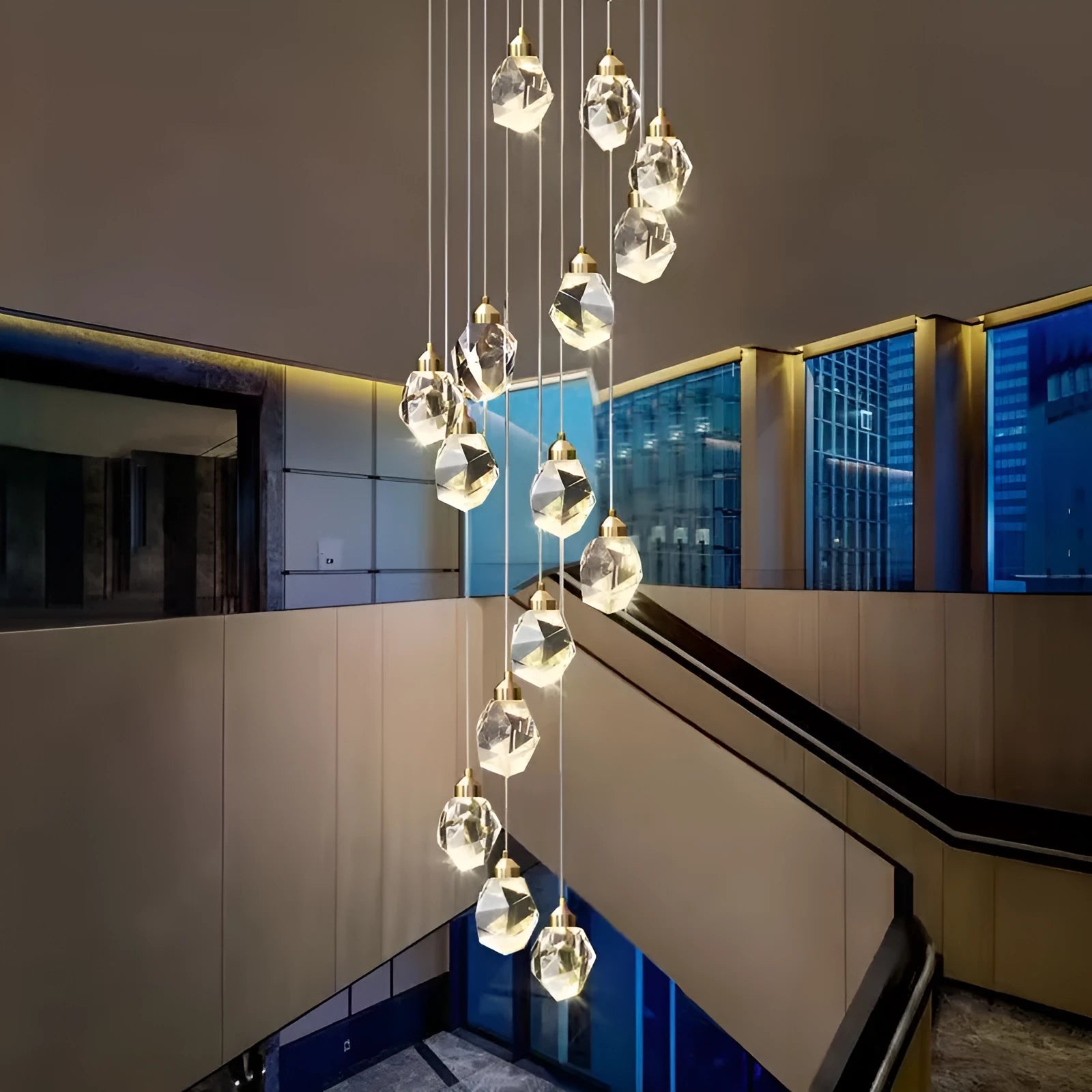 Long crane design crystal chandelier ceiling lamp for duplex stair lighting with infinite dimming