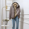 Khaki plus size ultra-thin lightweight down jacket for mothers with chenille fabric and zipper front