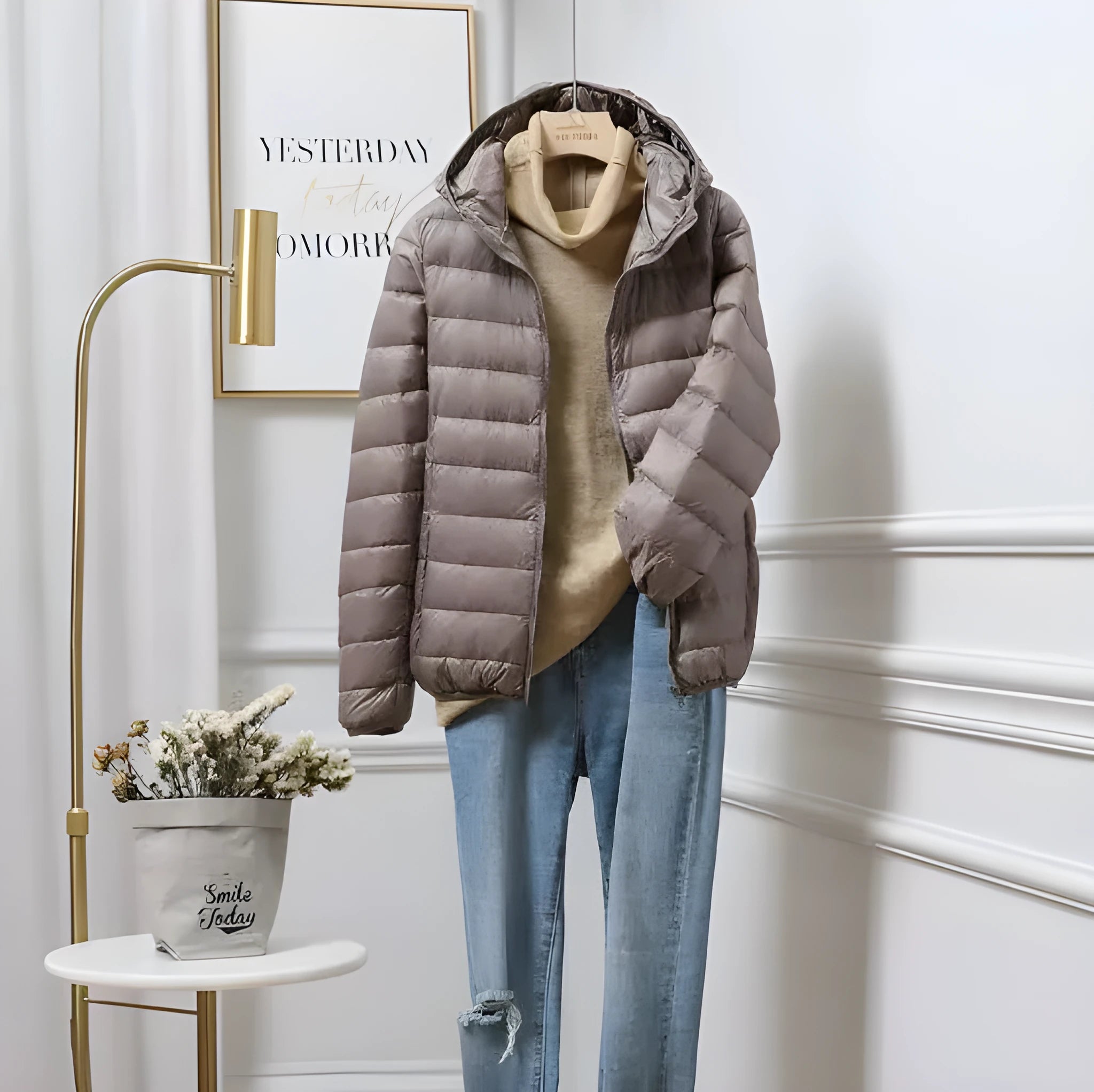 Khaki plus size ultra-thin lightweight down jacket for mothers with chenille fabric and zipper front