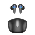 Black TWS wireless gaming headset with earplug design and USB charging cable