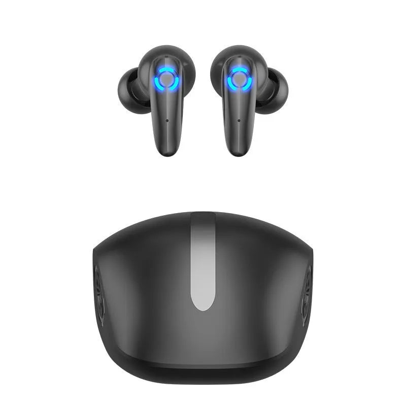 Black TWS wireless gaming headset with earplug design and USB charging cable