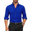 Men's long sleeve polyester shirt in solid colours, sizes S to 3XL, stretch wrinkle-resistant thin fabric