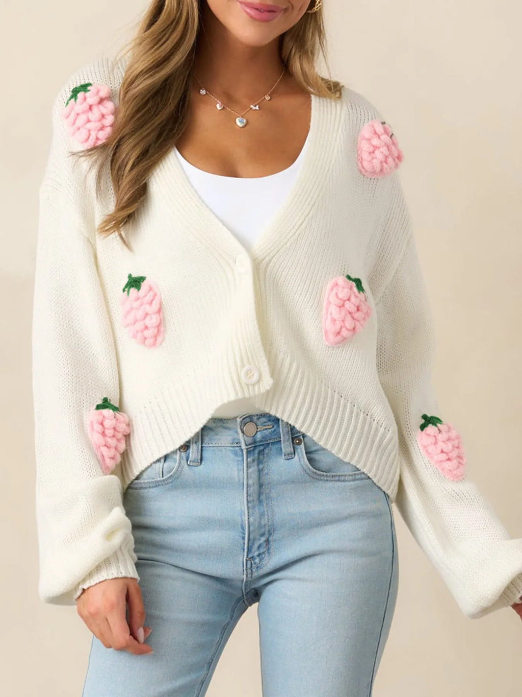 3D strawberry pattern women's acrylic knit sweater in milky white with long sleeves and regular fit