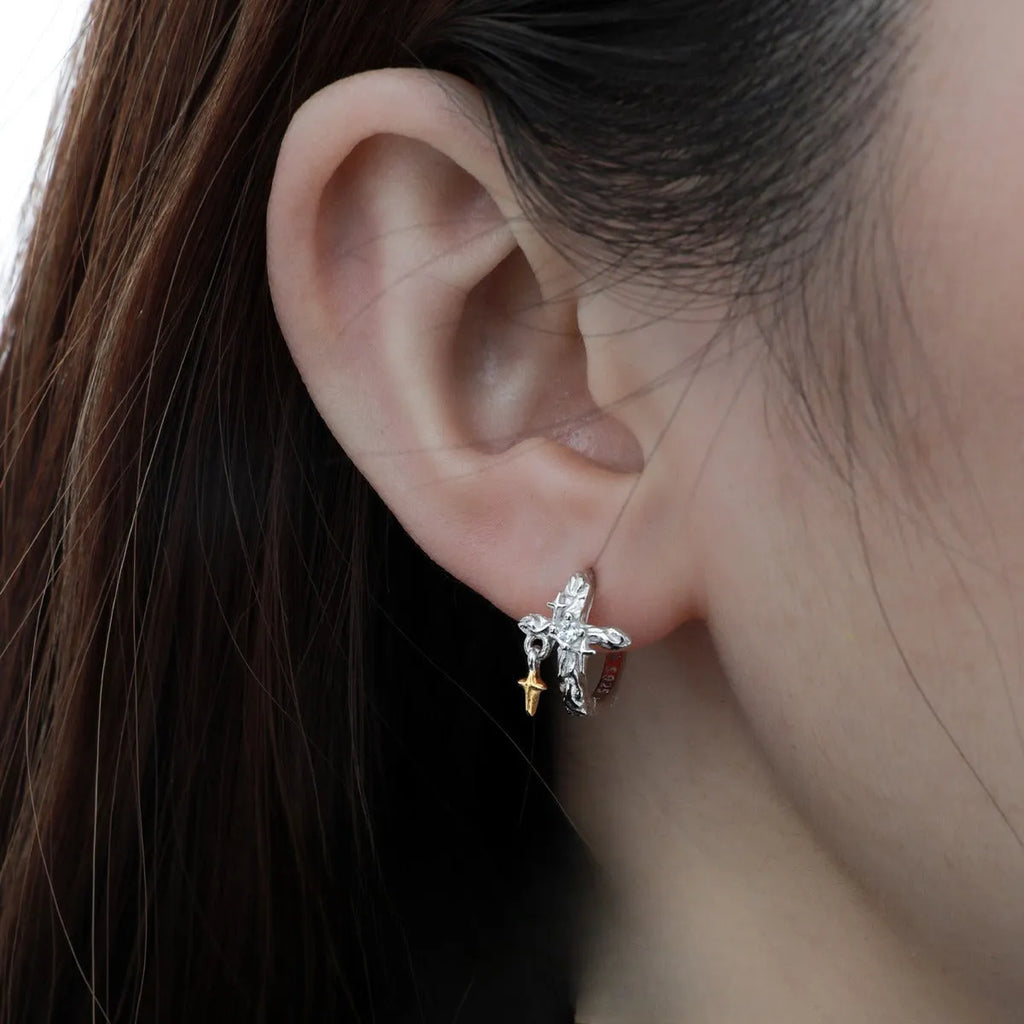 925 sterling silver geometric cross earrings with white gold plating and round elements