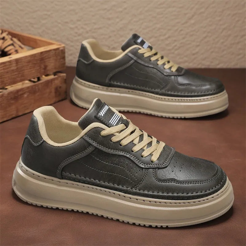 Men's leather retro casual shoes low-top thick sole PVC khaki gray black sizes 39-44