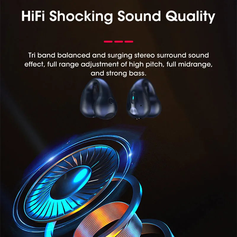 Q80 clip bone conduction Bluetooth headset in black, white, or khaki, showing ear clip design.