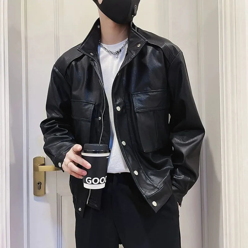 Korean style black PU leather jacket for men with straight hem and no hood