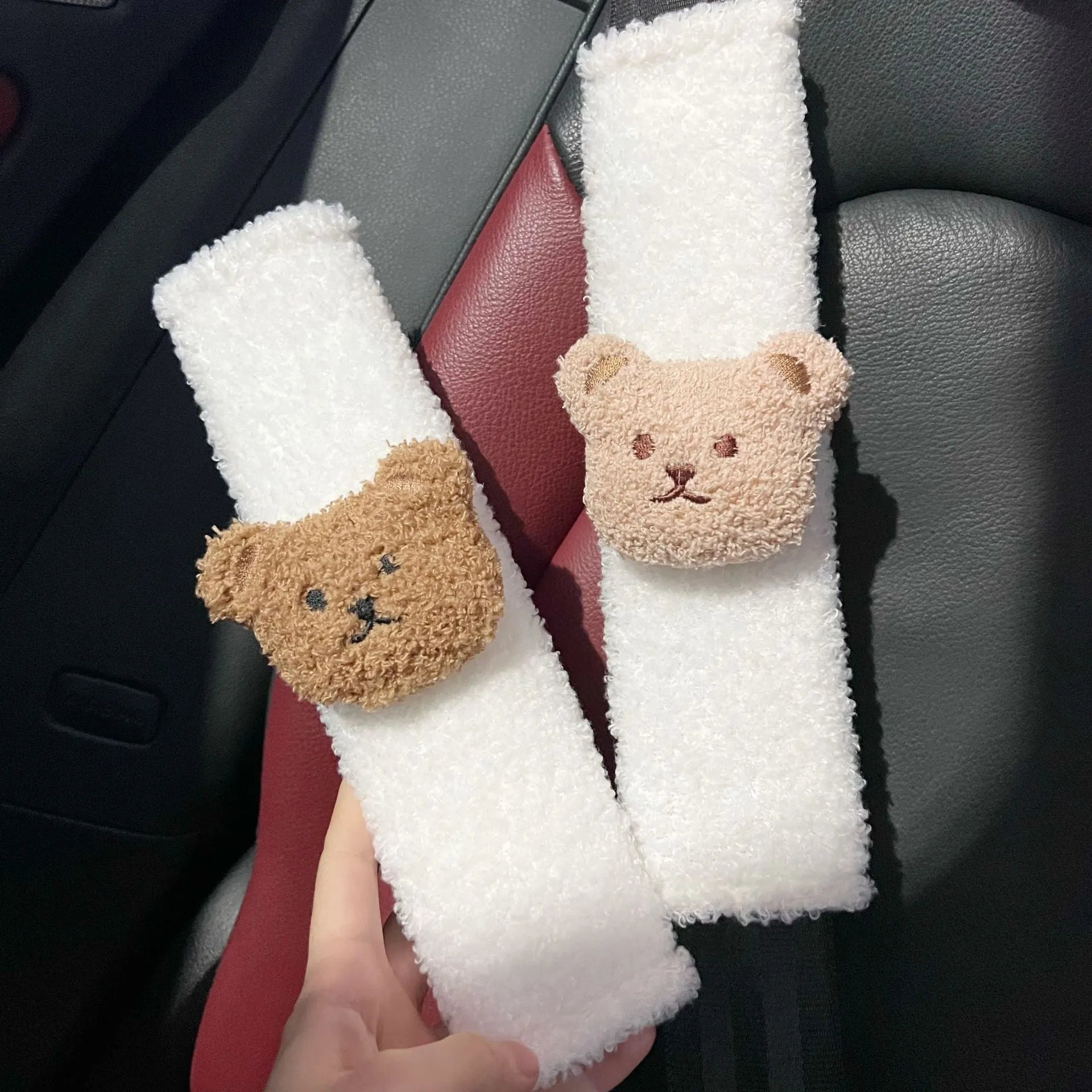 Cartoon bear plush car seat belt cover shoulder protector 25cm length khaki coffee bear design