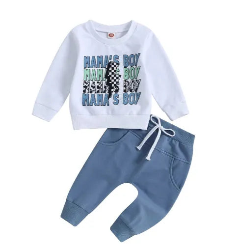 White casual boy's letter floral print long sleeve pullover cotton trousers suit for heights up to 110cm