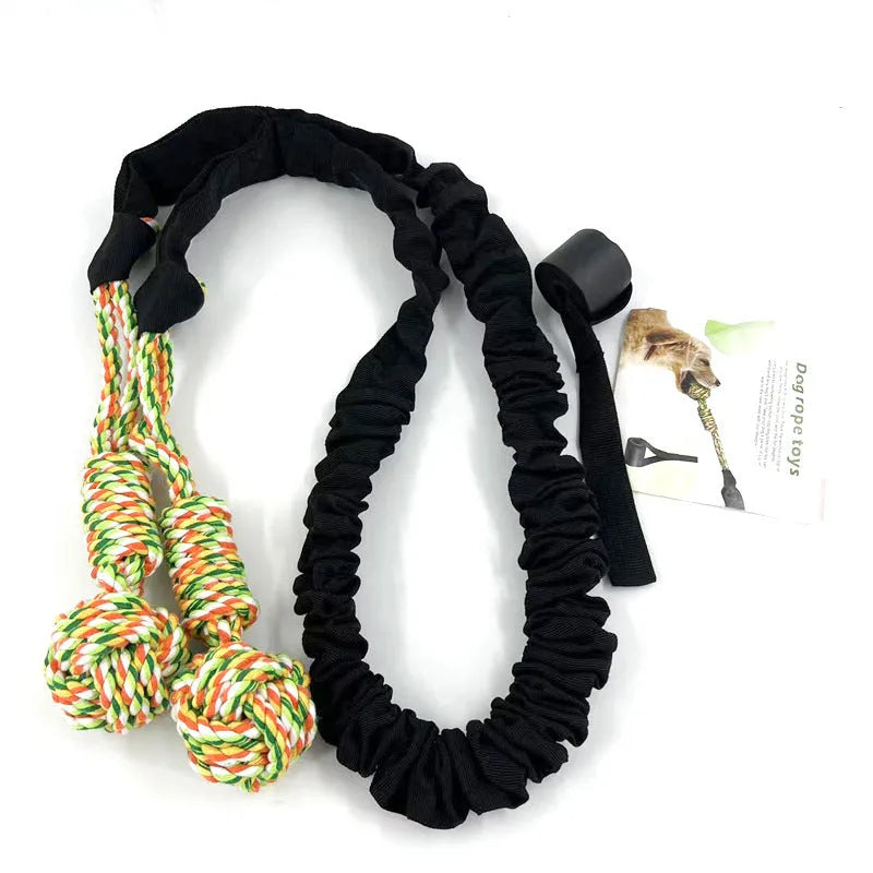 Cotton dog tug of war rope toy in black, grey, or red for chewing and interactive play.