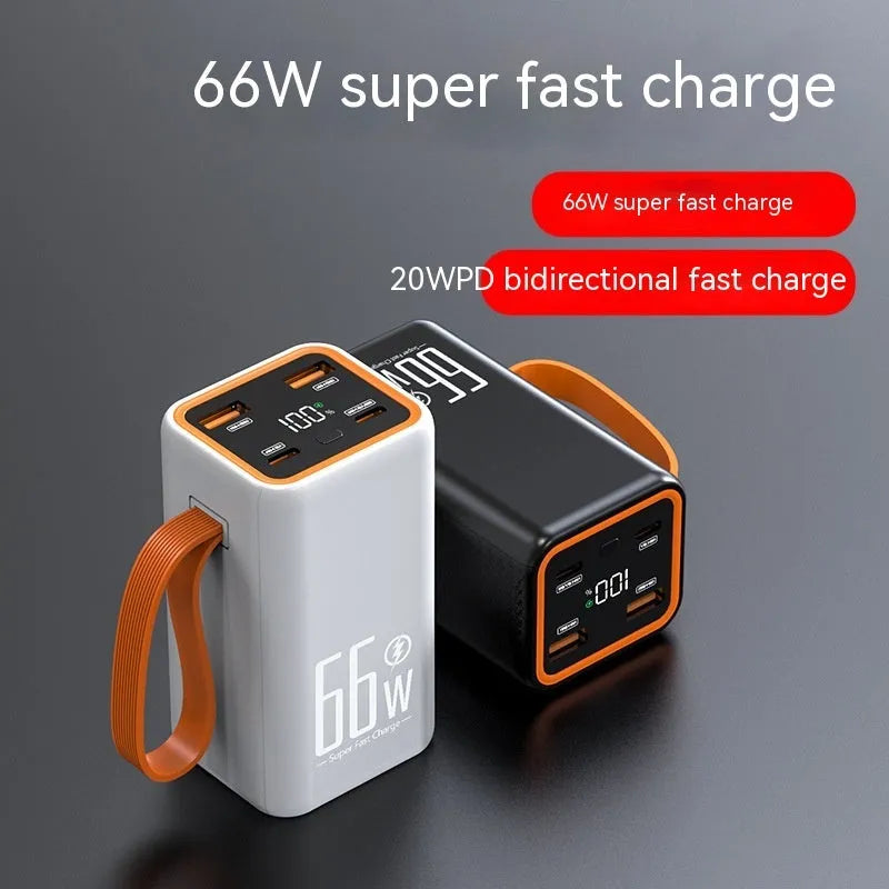 Black and white 20000mAh fast charge power bank measuring 95x52x47.5mm