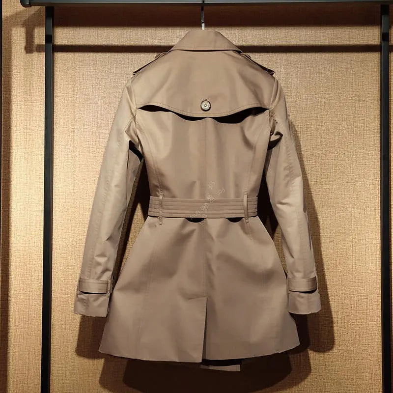 Khaki women's double-breasted polyester trench coat with long flight sleeves