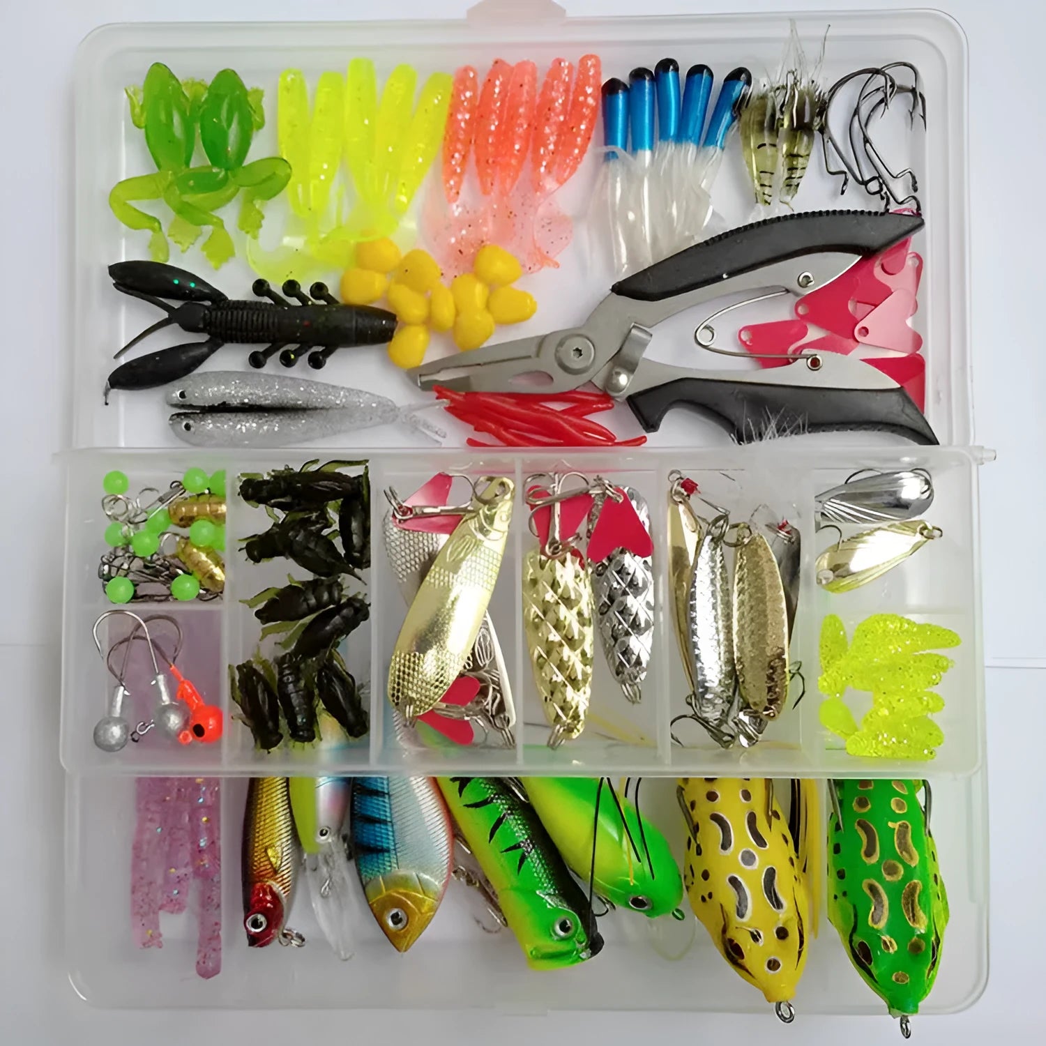 142-piece fishing lure set showing hard mino lures, sequins, fishhooks, and fishing pliers arranged together