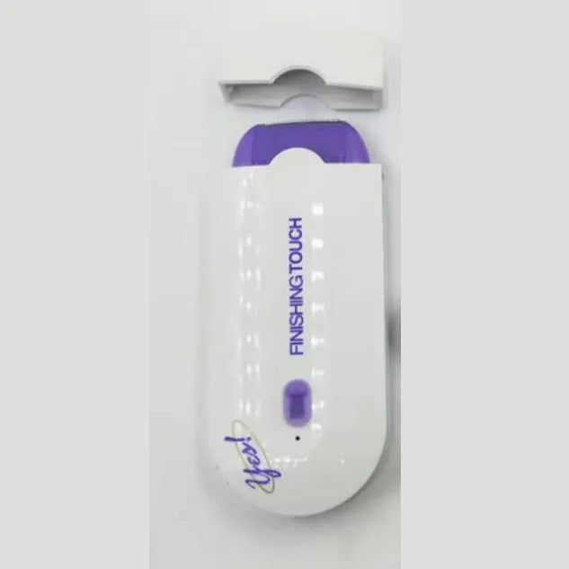 White electric hair removal shaver with foil head and trimmer head attachment on a blue background.