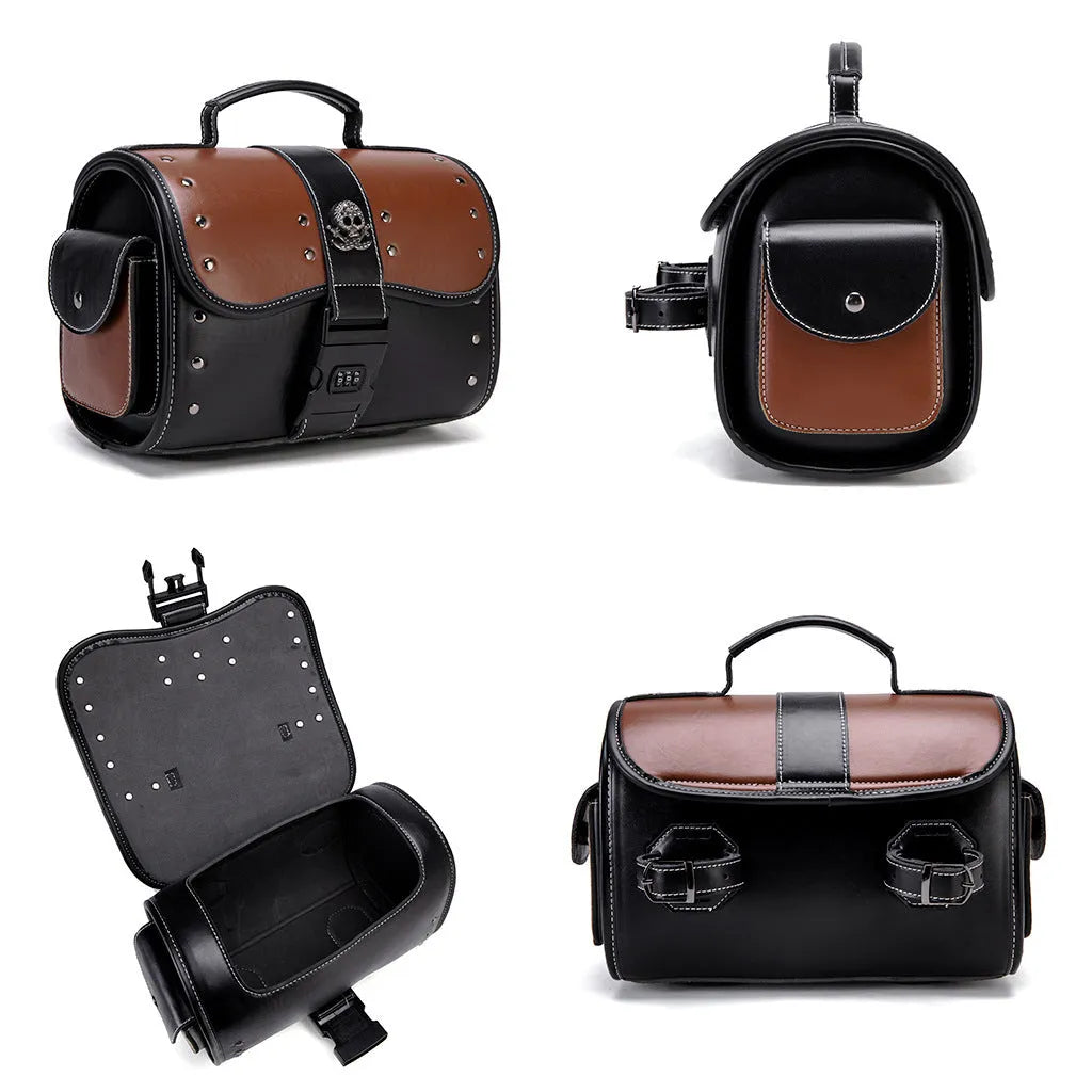 PU leather motorcycle front bag with colour contrast patchwork design, model FBG397BK