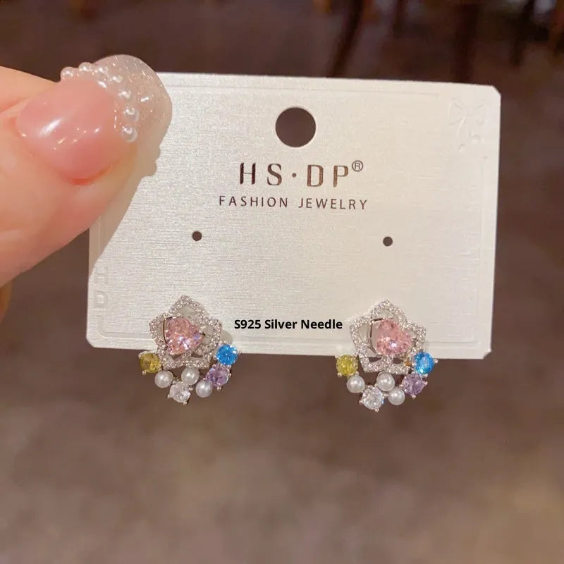 Full diamond silver petal stud earrings for women with real gold plating over copper in a flower shape
