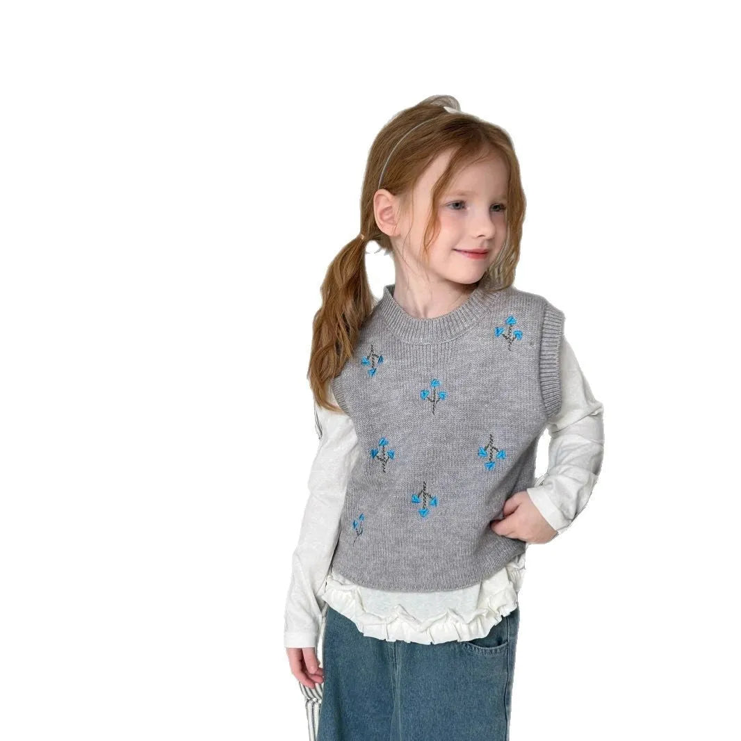 Girls' light grey knitted cotton vest with embroidery, sleeveless pullover, sizes 90cm to 150cm