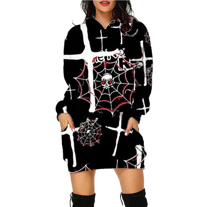 Women's long-sleeved Halloween hoodie with pockets, featuring a unique printed design in a variety of vibrant color options.