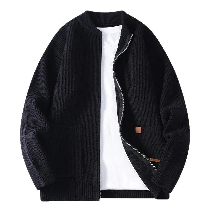 Men's striped sweater cardigan jacket in chemical fibre blend fabric shown in straight cut styling