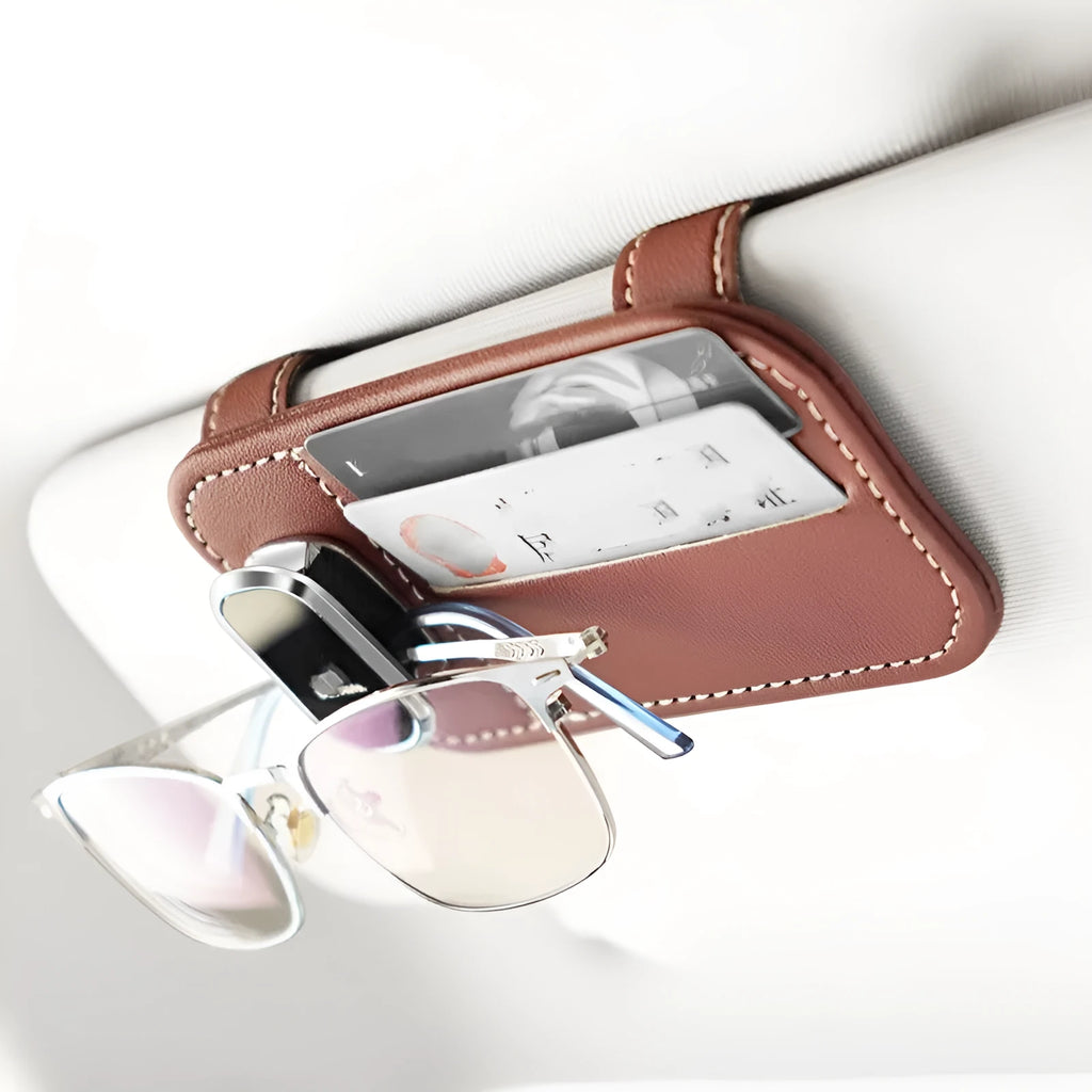 Cowhide leather car sun visor organiser with card slots and glasses clip in beige colour