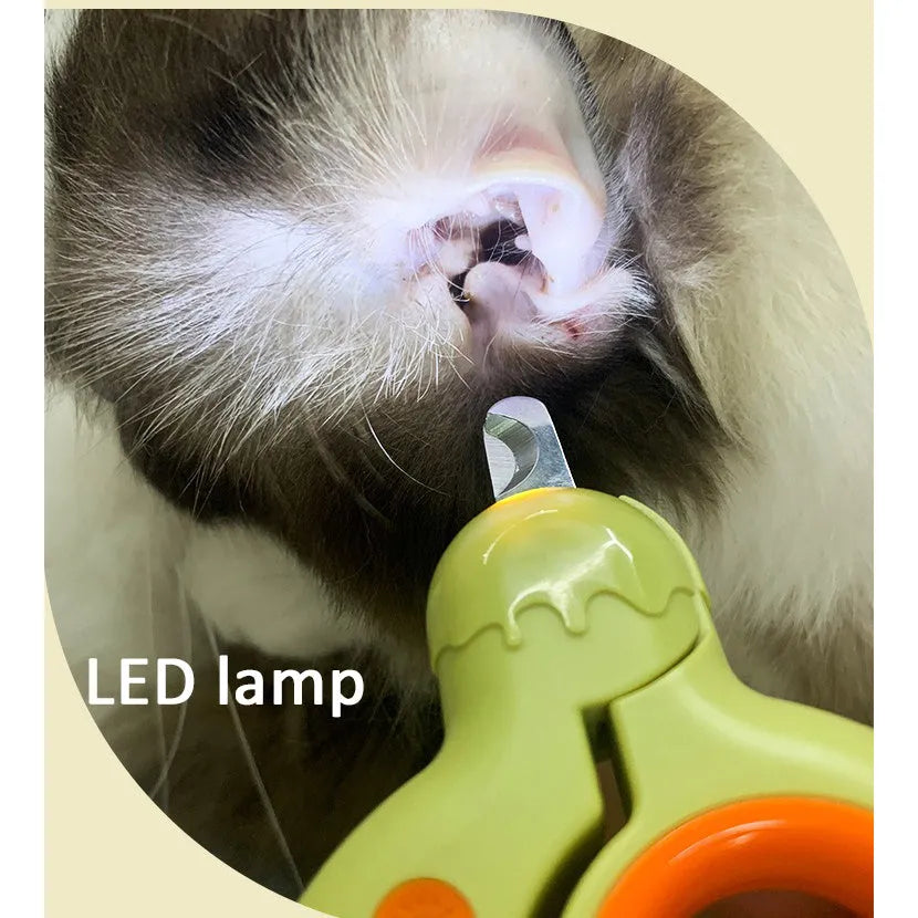 Blue pet nail clippers with LED light on, showing stainless steel cutting blades and non-slip handles.