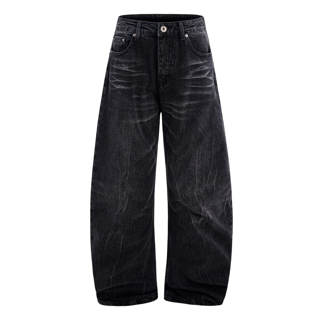 Men's straight-leg black jeans showing an American washed finish with a lightning crack pattern on the legs.