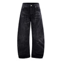 Men's straight-leg black jeans showing an American washed finish with a lightning crack pattern on the legs.