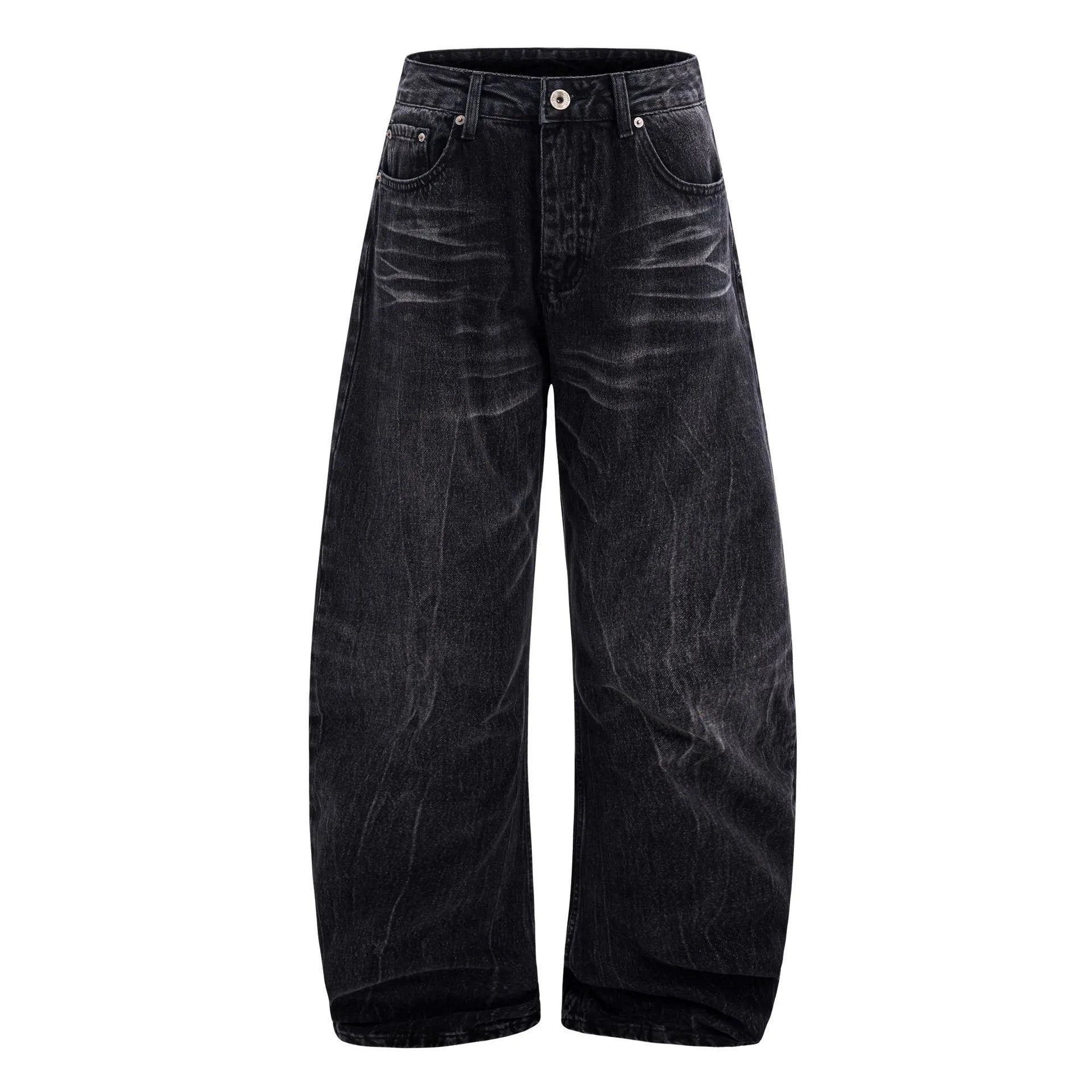 Men's straight-leg black jeans showing an American washed finish with a lightning crack pattern on the legs.