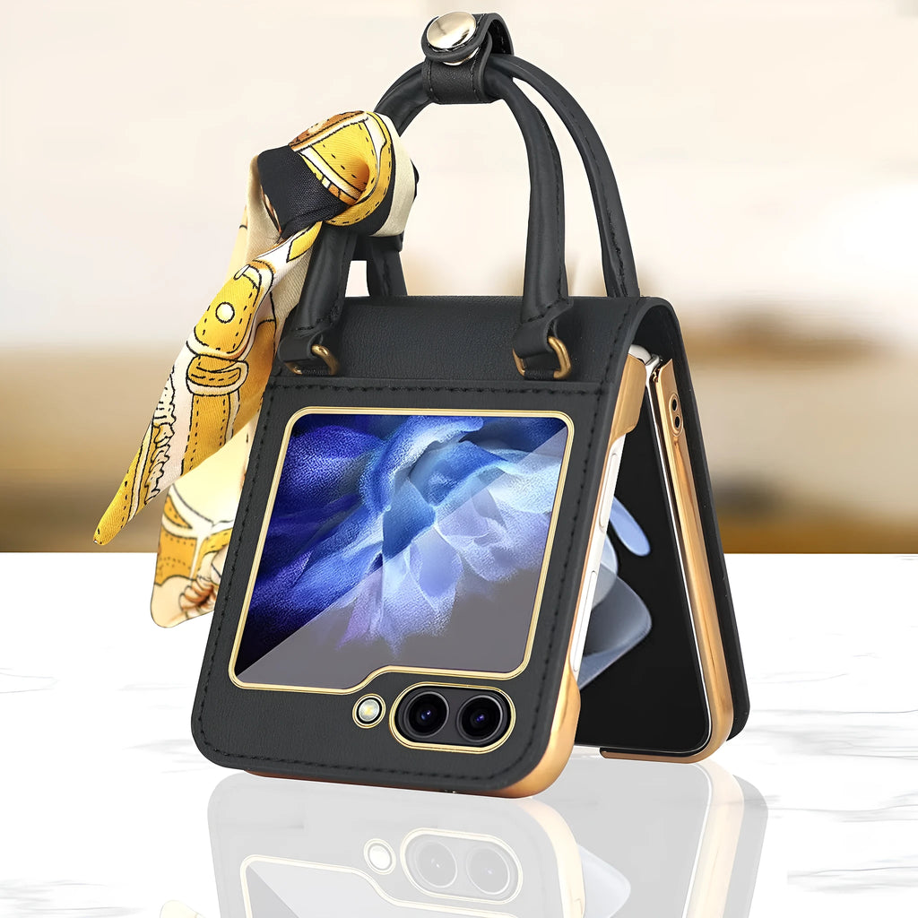 Electroplated handbag-style ribbon ornament protective case for Samsung Galaxy Z Flip 5 in orange