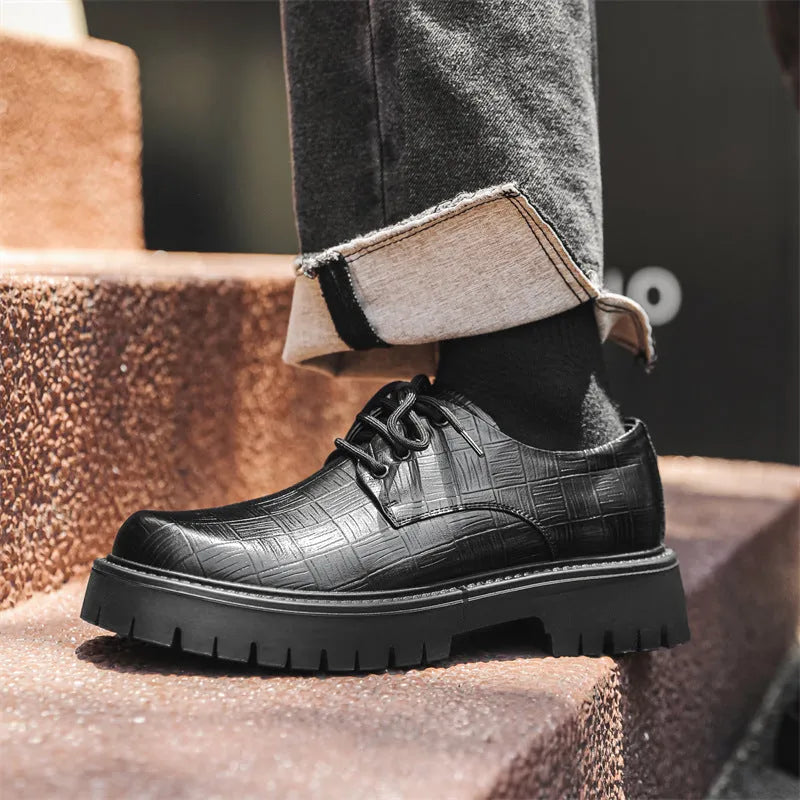Black low top casual shoes with genuine leather upper, round toe, chunky heel and rubber sole.
