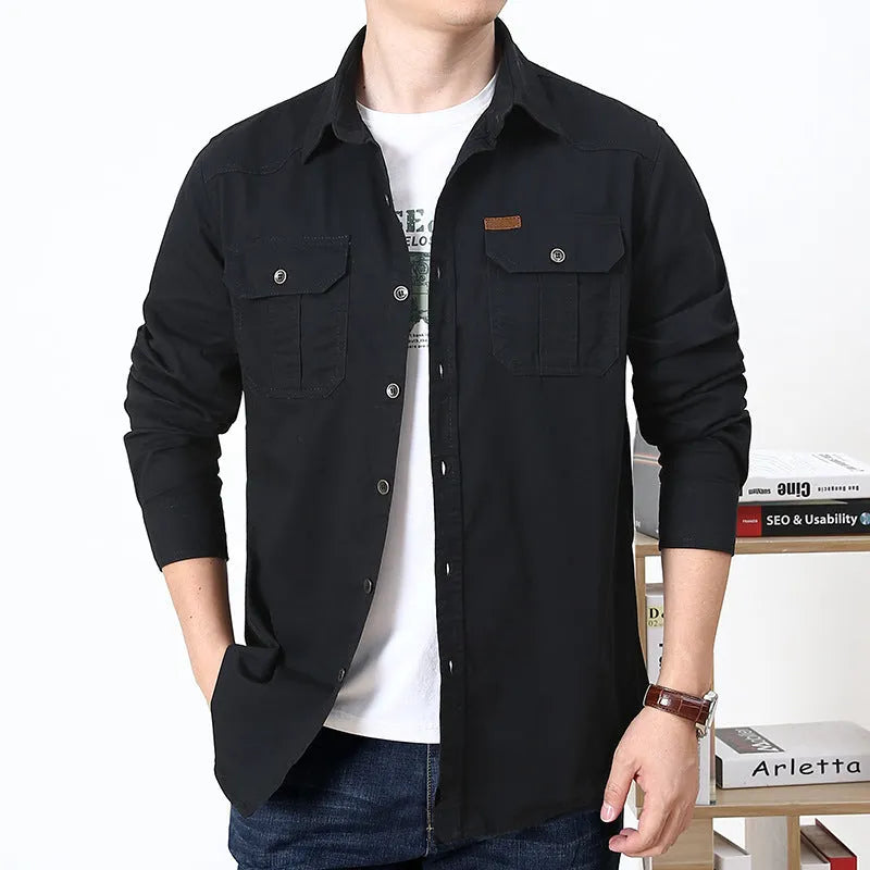 Cotton men's loose fit military style long sleeve shirt in khaki, front view, available in sizes M to 6XL