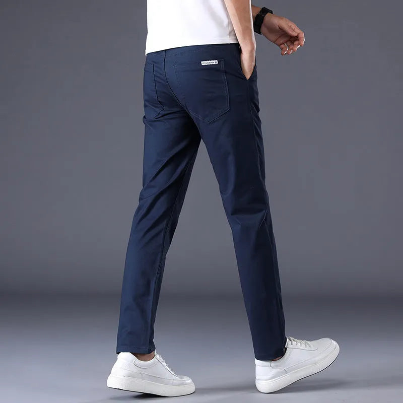 Men's solid color casual trousers, straight leg, mid waist, cotton, micro elasticity, available in multiple colors