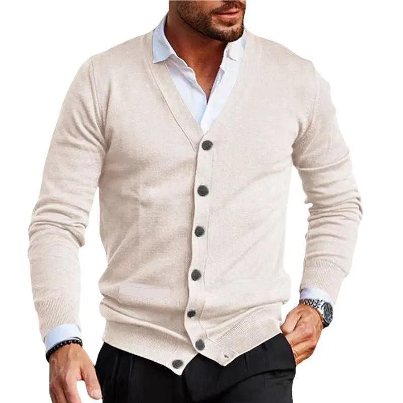 Men's slim fit acrylic cardigan sweater coat in black, shown on a model.
