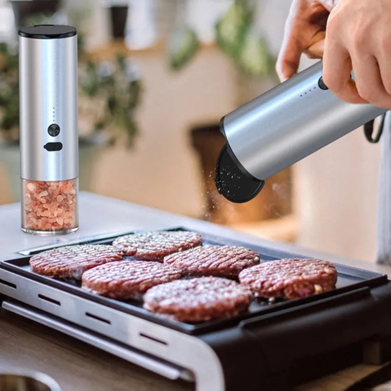 USB rechargeable electric salt and pepper grinder with LED light and clear glass jar